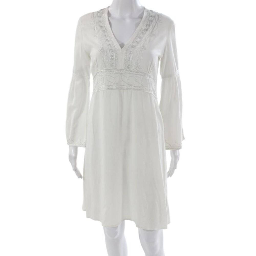 Calypso Christiane Celle Women Shift Dress White V-Neck Knee Length Size XS